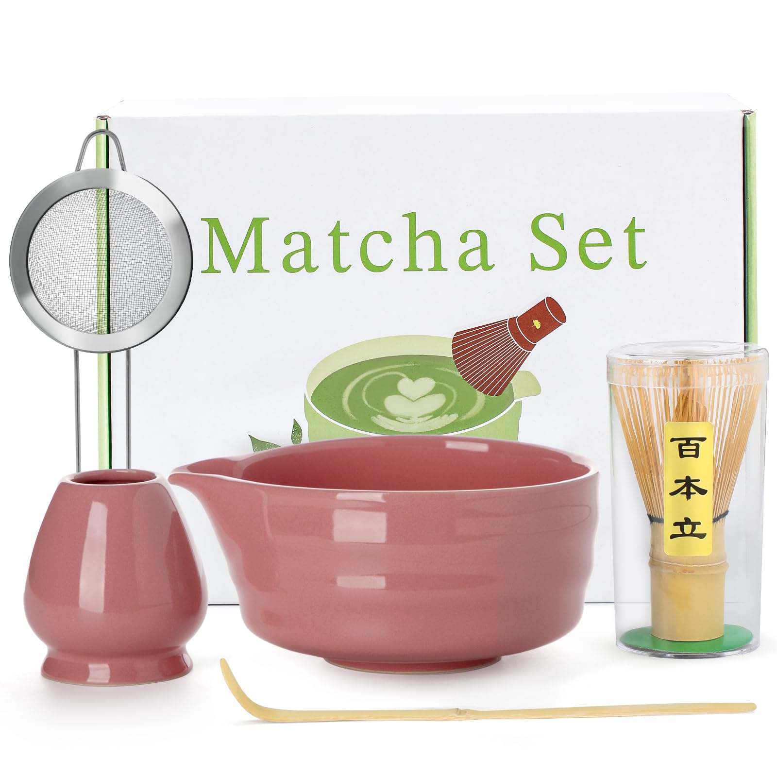 Jardin Tesoro pink matcha bowl with spout for smooth pours.