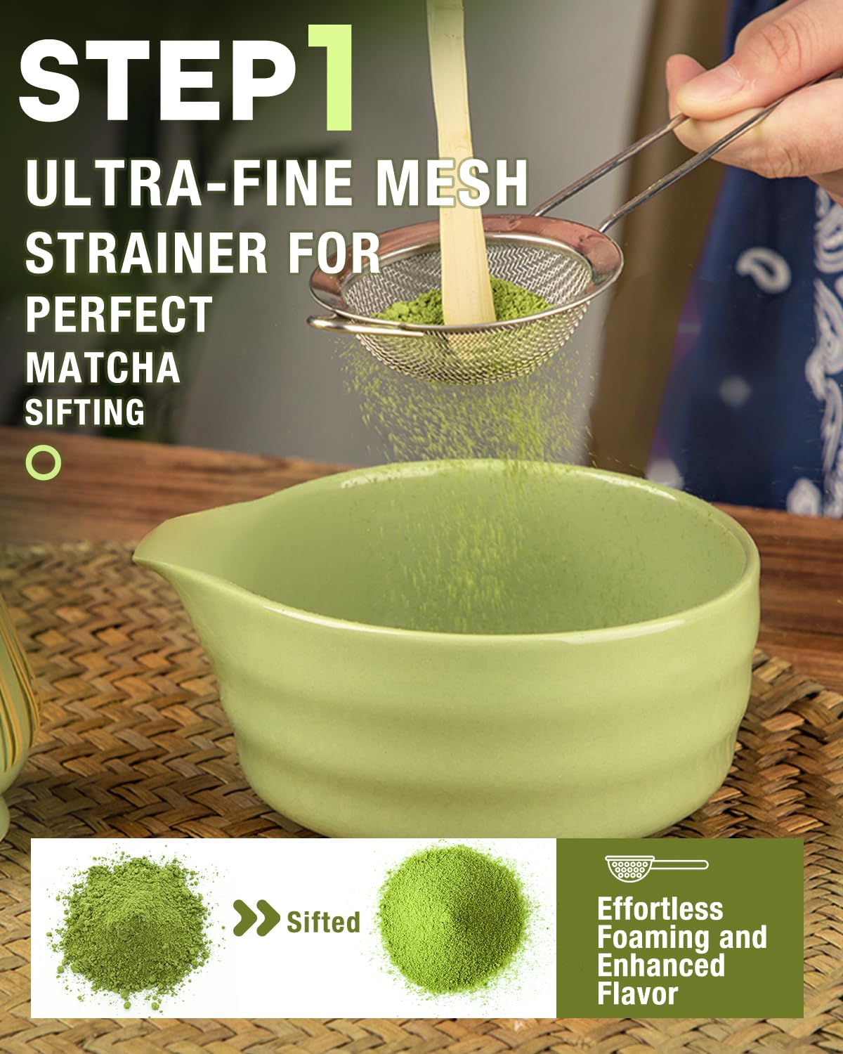 Jardin Tesoro stainless sifter for smooth matcha prep.
