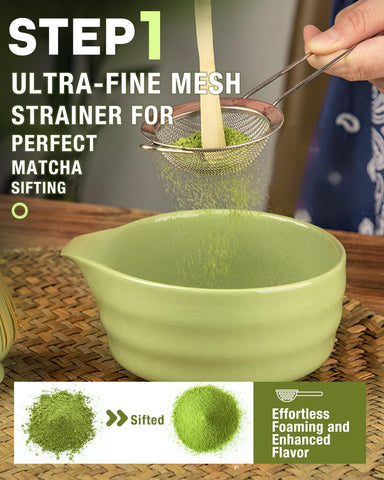 Jardin Tesoro stainless sifter for smooth matcha prep.