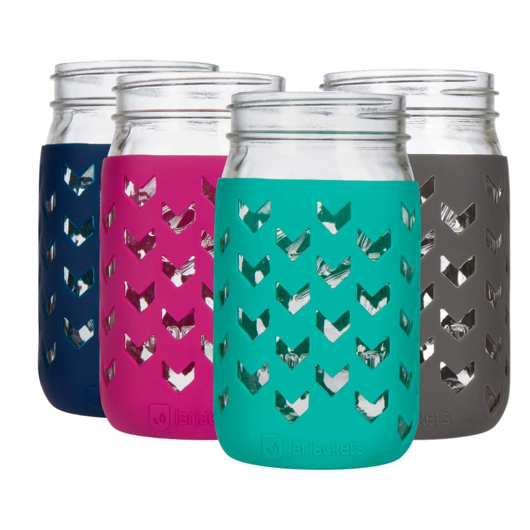 JarJackets silicone sleeve on a 32oz jar offers easy grip and spill resistance.