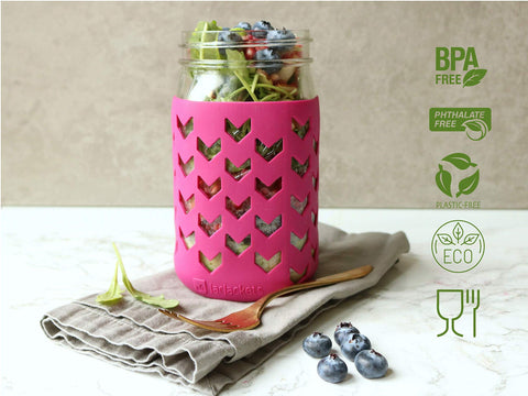 JarJackets multicolor sleeve on a 32oz jar boosts portability and durability.