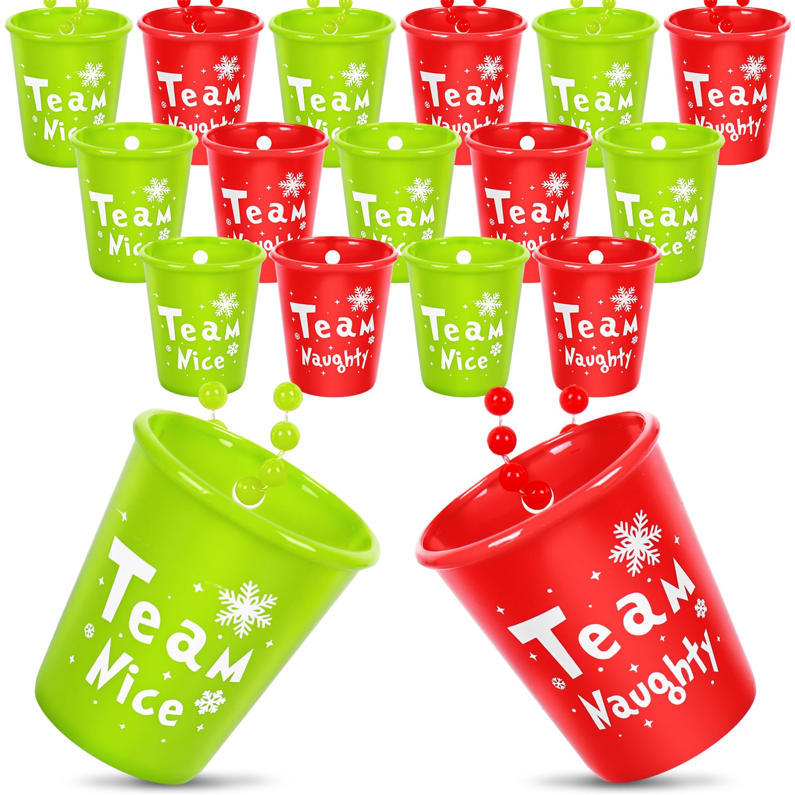 JarThenaAMCS Christmas shot glass necklace in red Naughty design offers festive party flair.