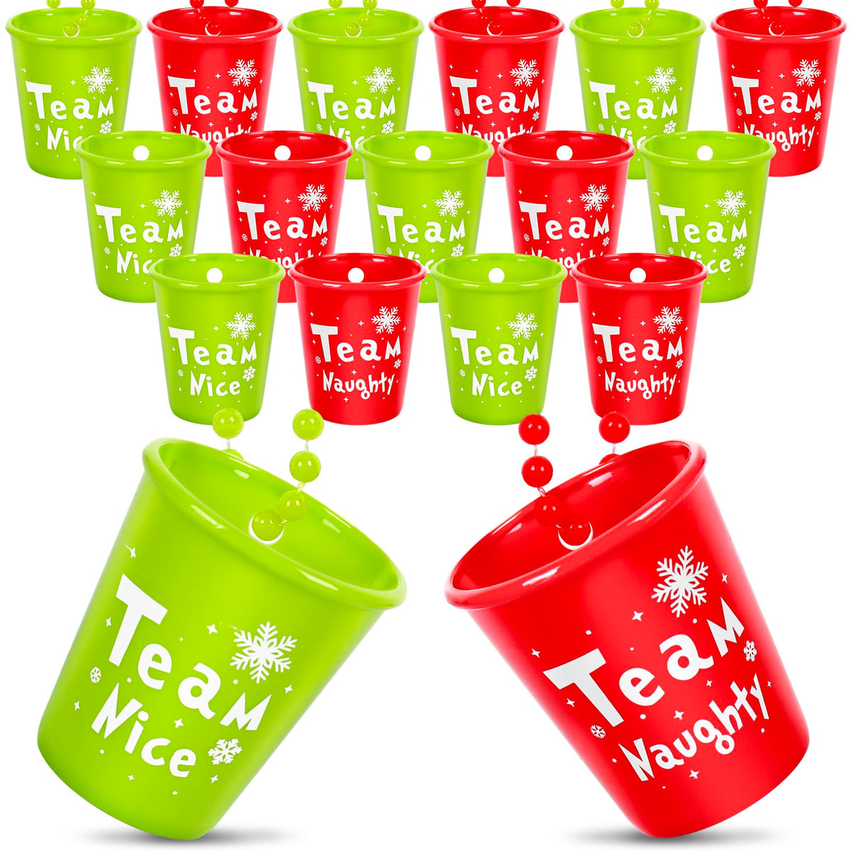 JarThenaAMCS Christmas shot glass necklace in red Naughty design offers festive party flair.