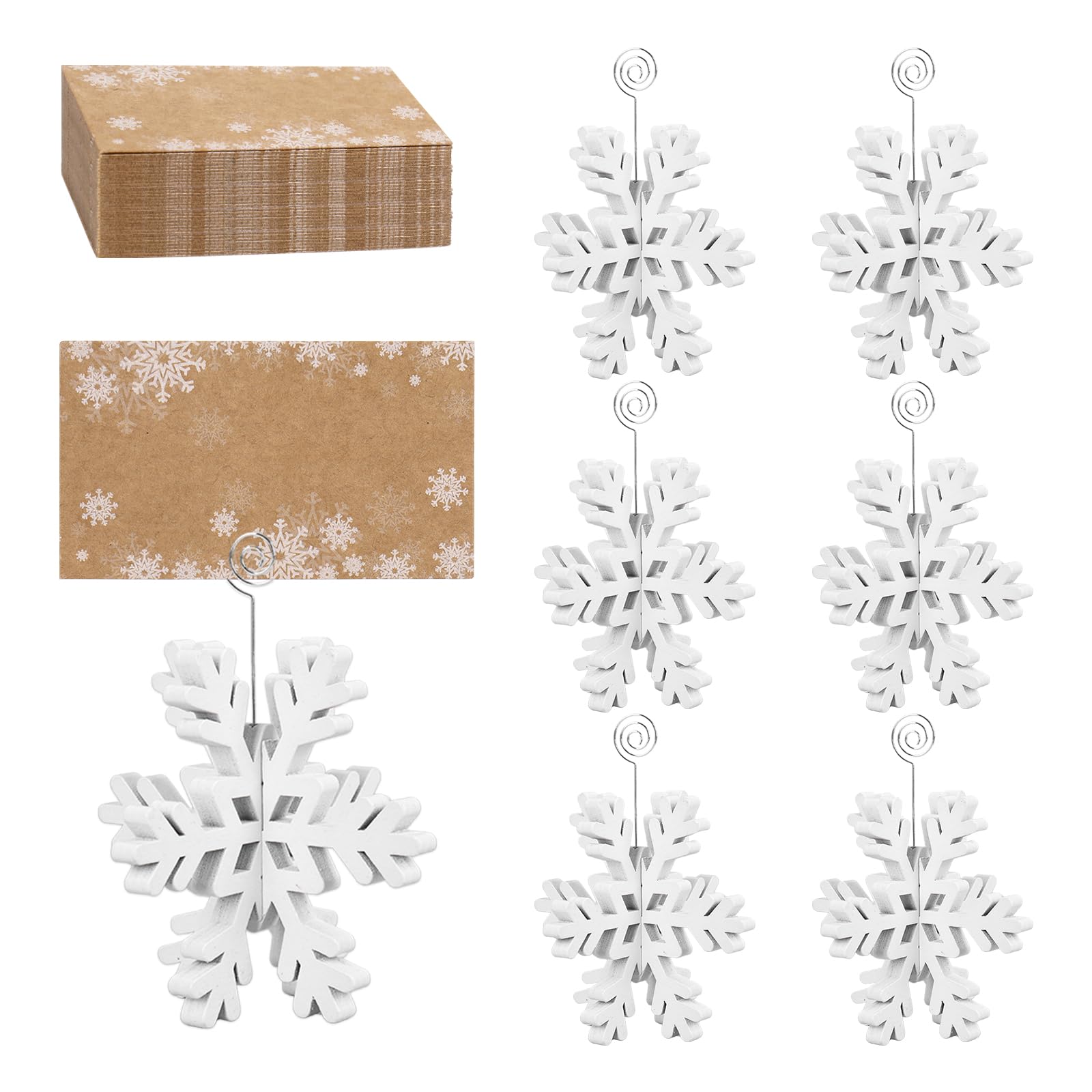 JarThenaAMCS snowflake card holder set adds festive charm to holiday table settings.