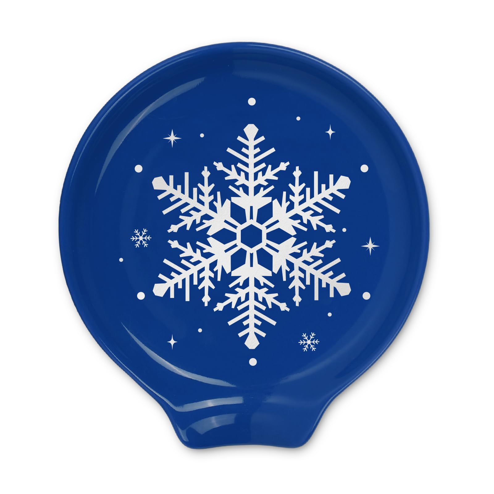 JarThenaAMCS spoon rest with blue snowflake design keeps countertops tidy during holidays.