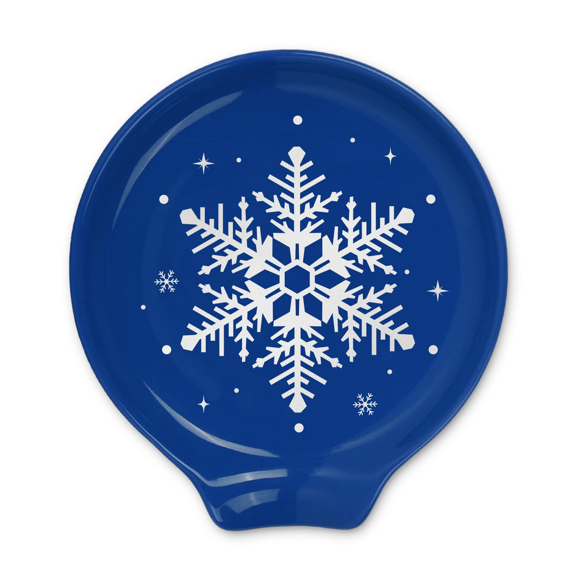 JarThenaAMCS spoon rest with blue snowflake design keeps countertops tidy during holidays.