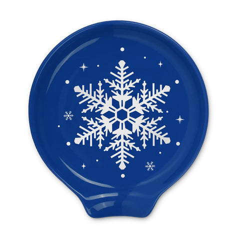 JarThenaAMCS spoon rest with blue snowflake design keeps countertops tidy during holidays.