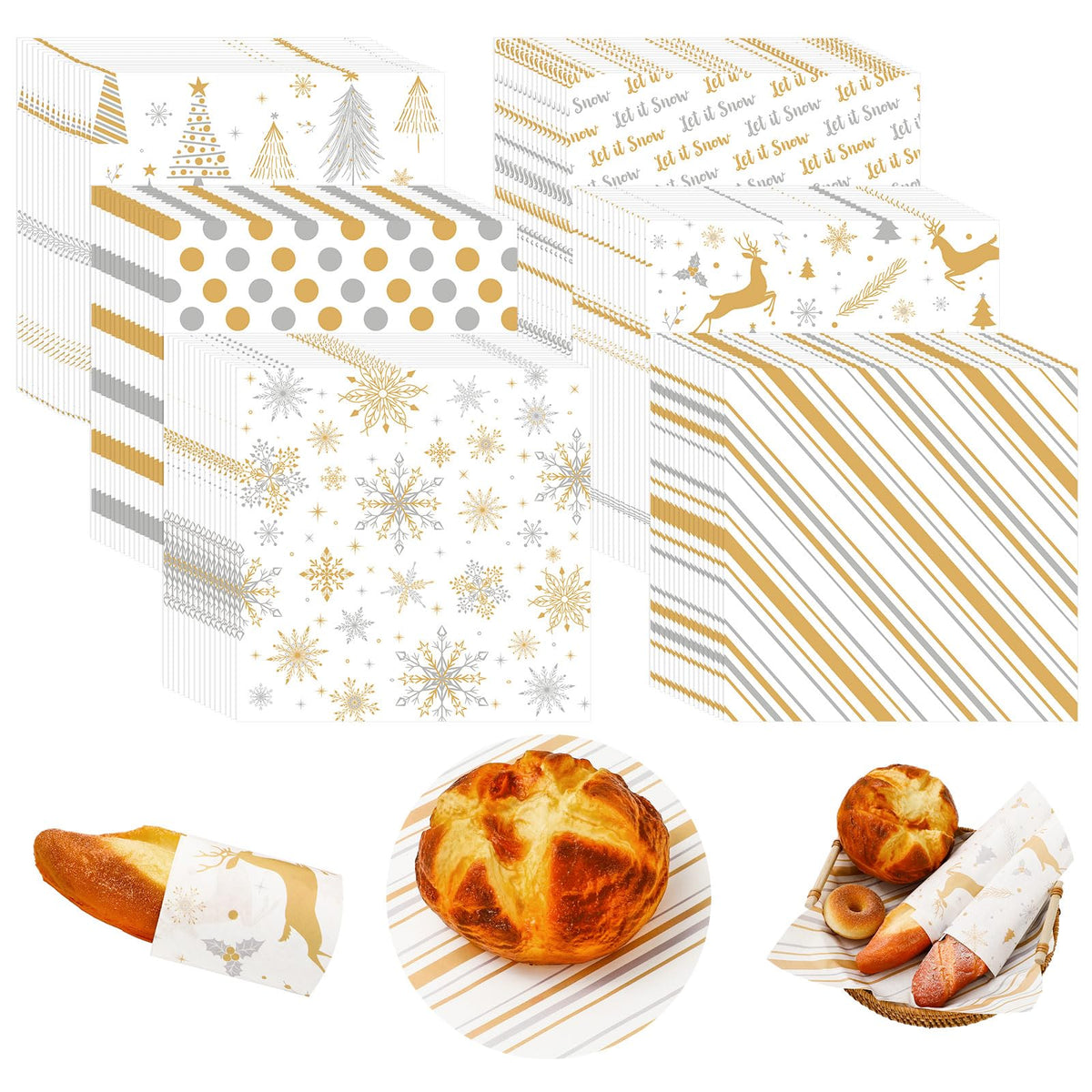 JarThenaAMCS wax paper with silver snowflake pattern for greaseproof deli wrapping and festive presentation
