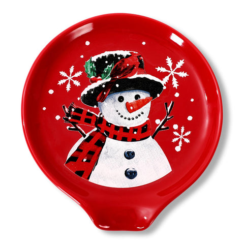 JarThenaAMCS winter snowman ceramic spoon rest in red for festive coffee station.