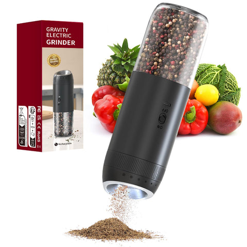 Jasee gravity grinder tilting for hands-free grinding and quick seasoning.
