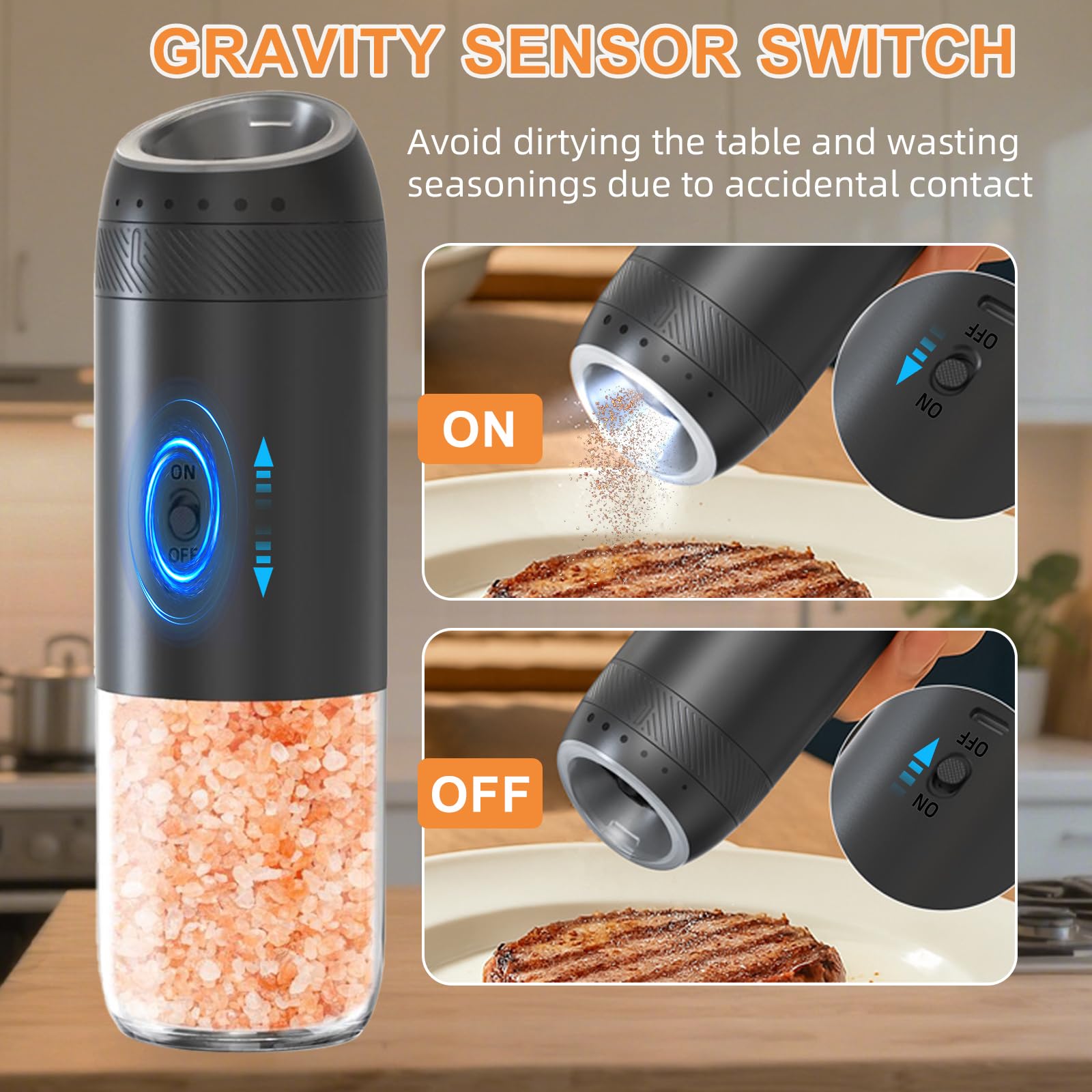 Jasee gravity grinder charging via USB Type-C for easy recharge.