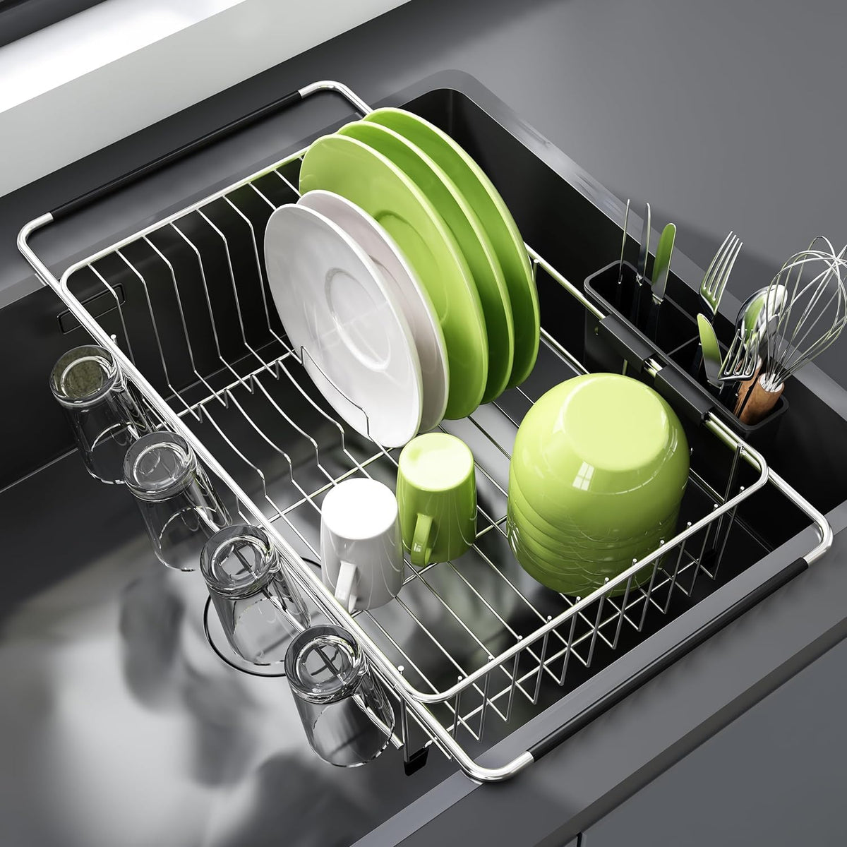 JASIWAY dish drying rack in sink extended for space-saving versatility