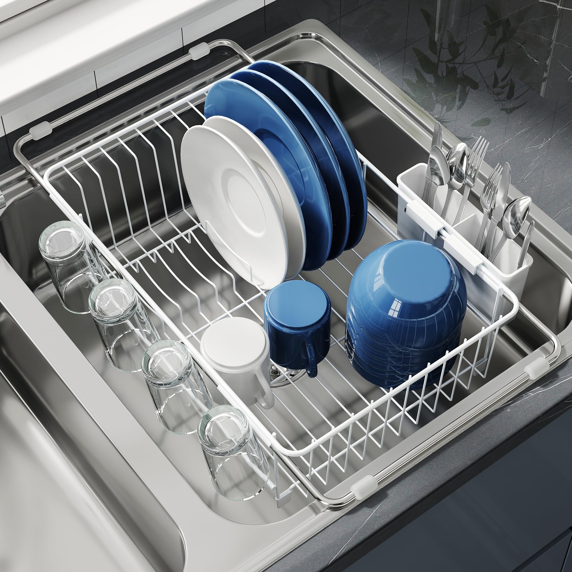 JASIWAY dish drying rack in sink keeps counters clear and organized