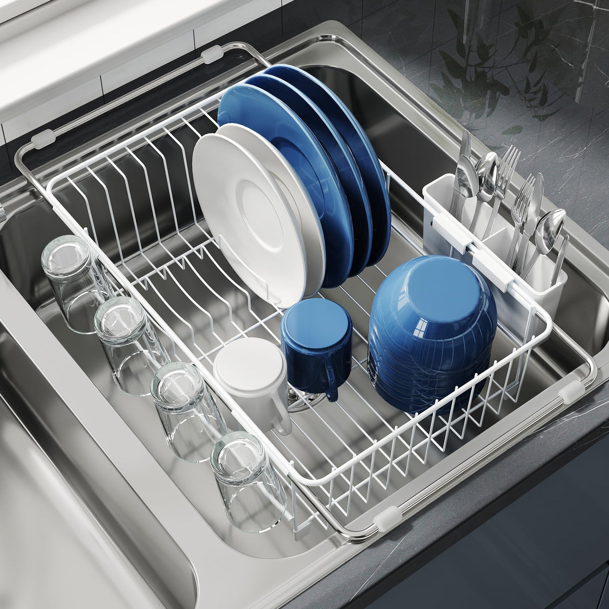 JASIWAY dish drying rack in sink keeps counters clear and organized