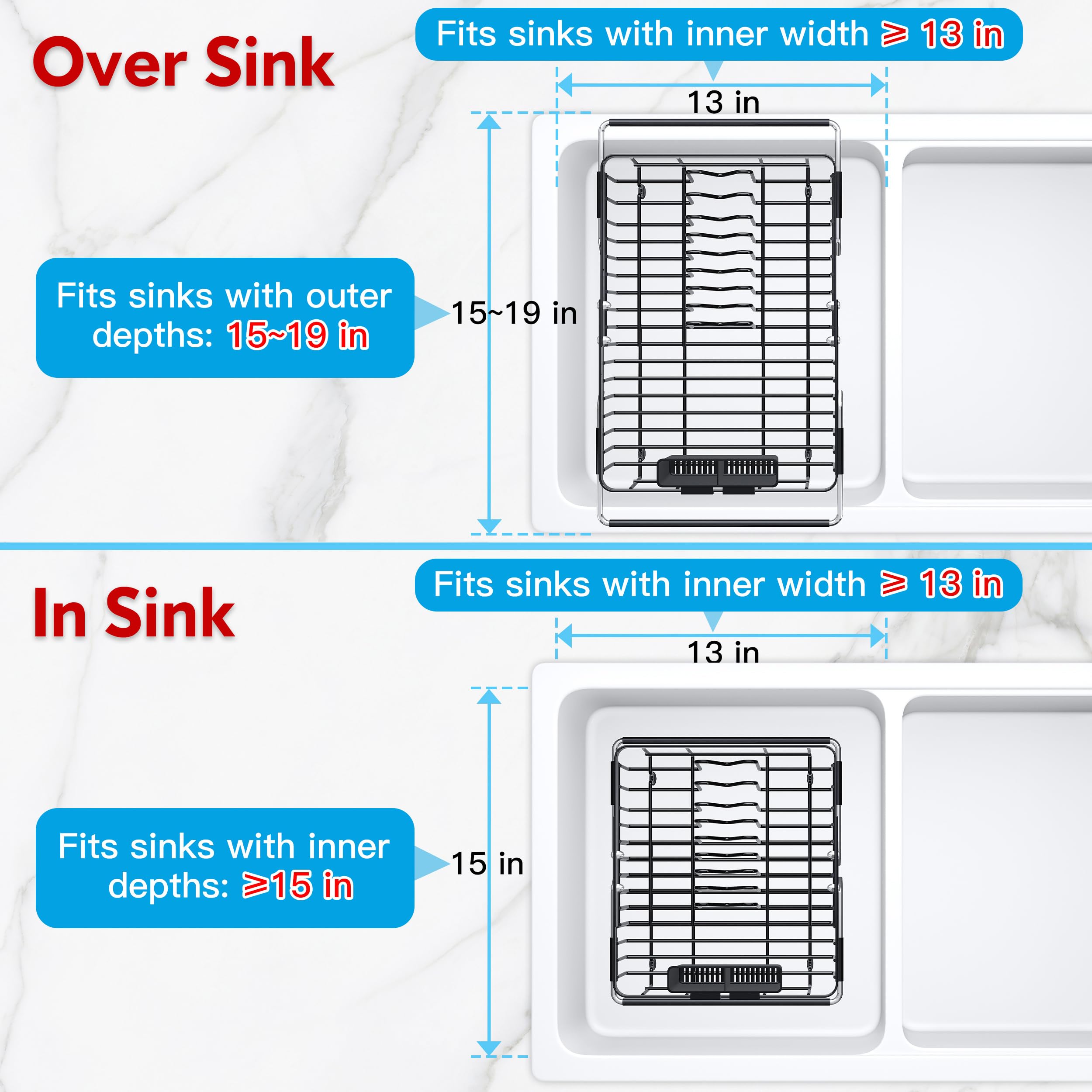 JASIWAY over-sink dish rack with anti-slip handles for stability