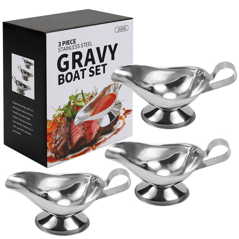 Jasni Liu stainless steel gravy boat pour promotes smooth sauce flow for elegant servings.