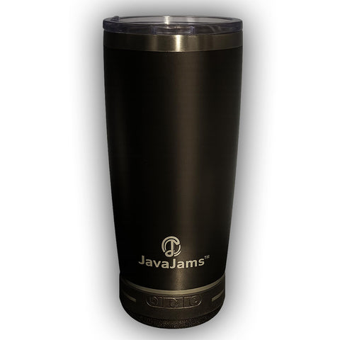 JavaJams 20 oz tumbler front view with built-in speaker and insulation for on-the-go music