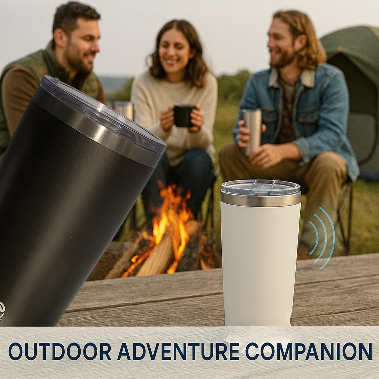 JavaJams travel tumbler pictured outdoors with music on the move