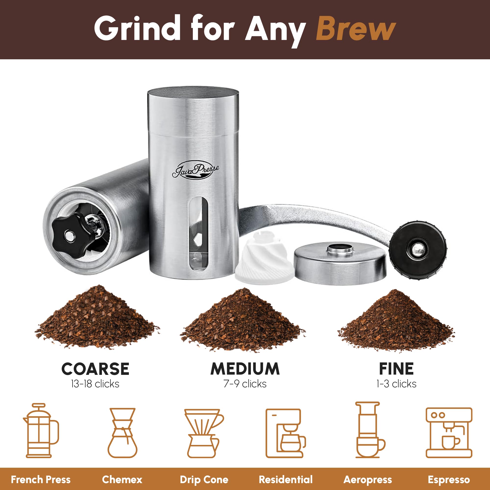 JavaPresse espresso grind settings offer adjustable coarseness.