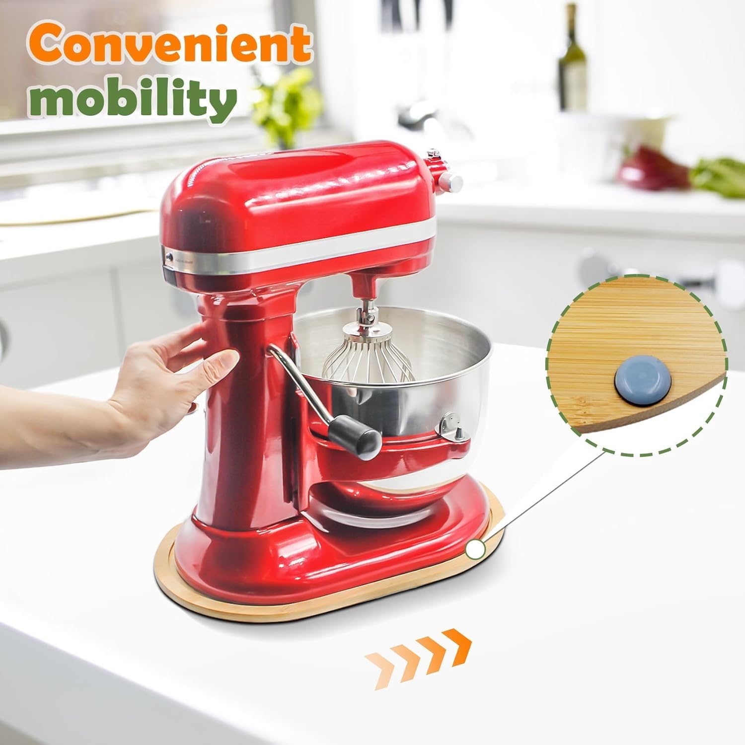 JAYOBGO Bamboo Slide Mat protects countertops while you reposition the mixer.