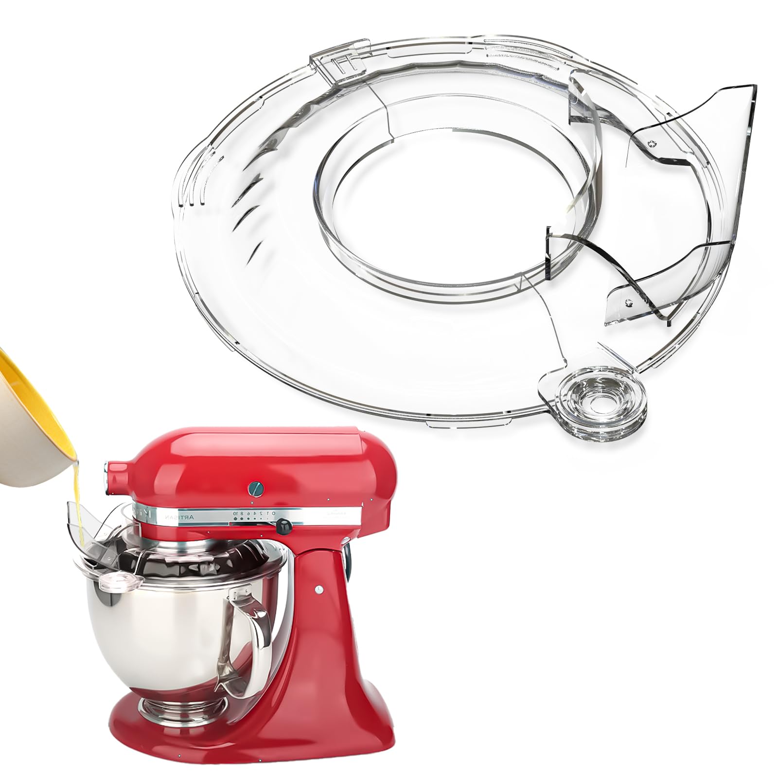 JAYOBGO pouring shield on KitchenAid tilt-head 4.5-5qt keeps countertops cleaner during mixing.