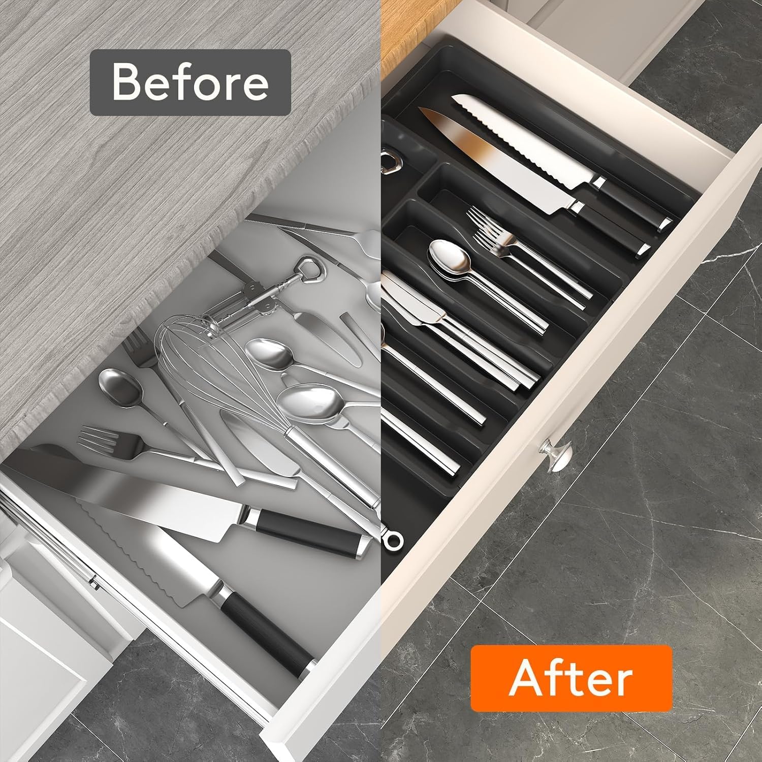 JB Large Silverware Drawer Organizer expanded right panel increases capacity for utensils.