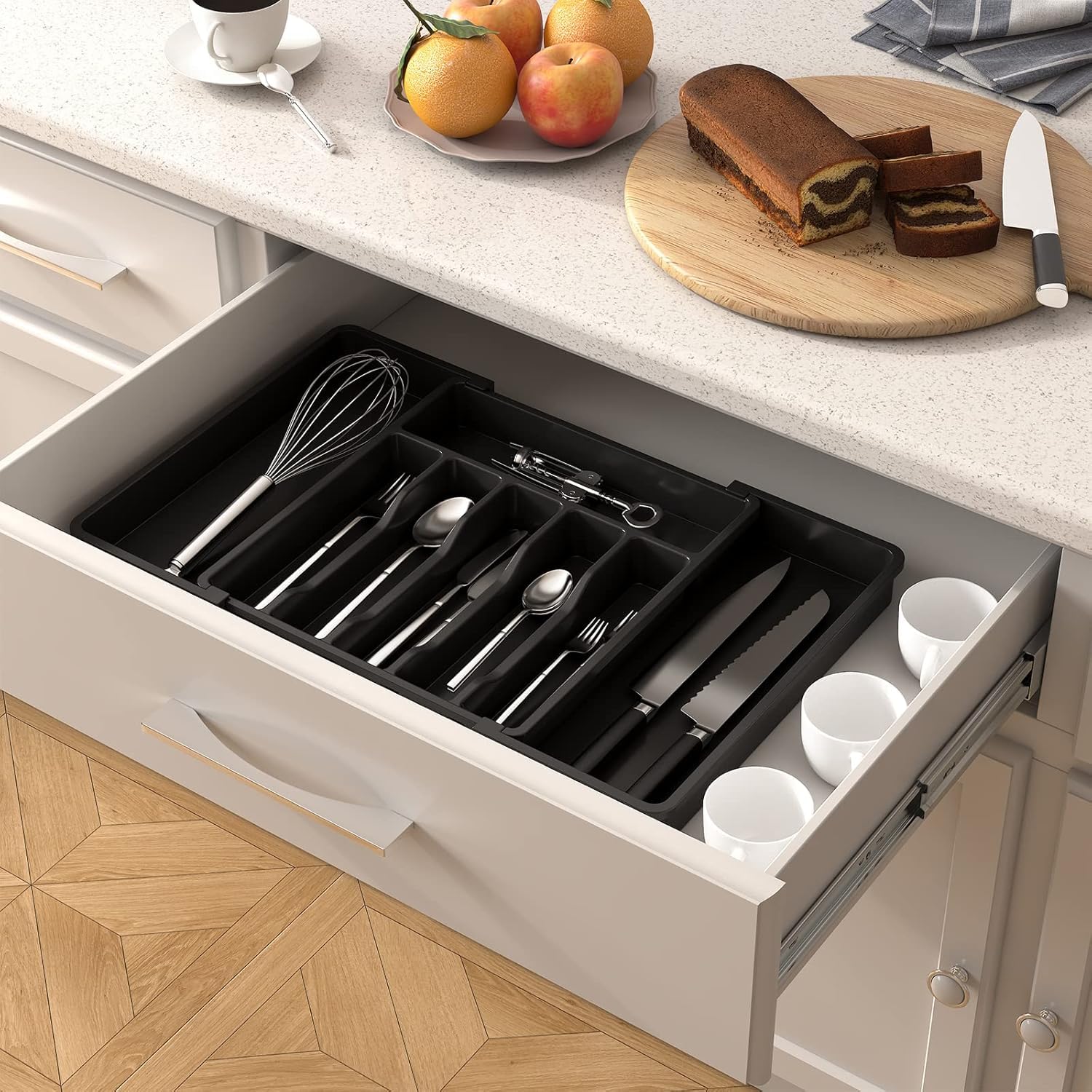 JB Large Silverware Drawer Organizer folded compact demonstrates slim profile for small drawers.
