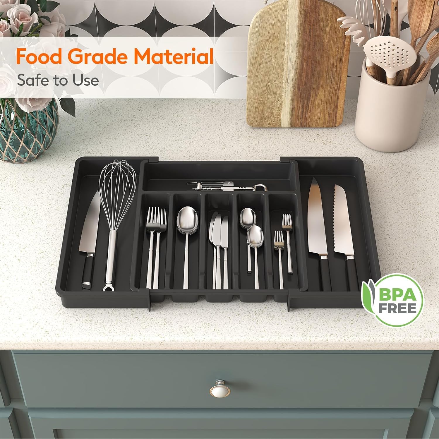 JB Large Silverware Drawer Organizer full size fits large drawers with organized compartments.