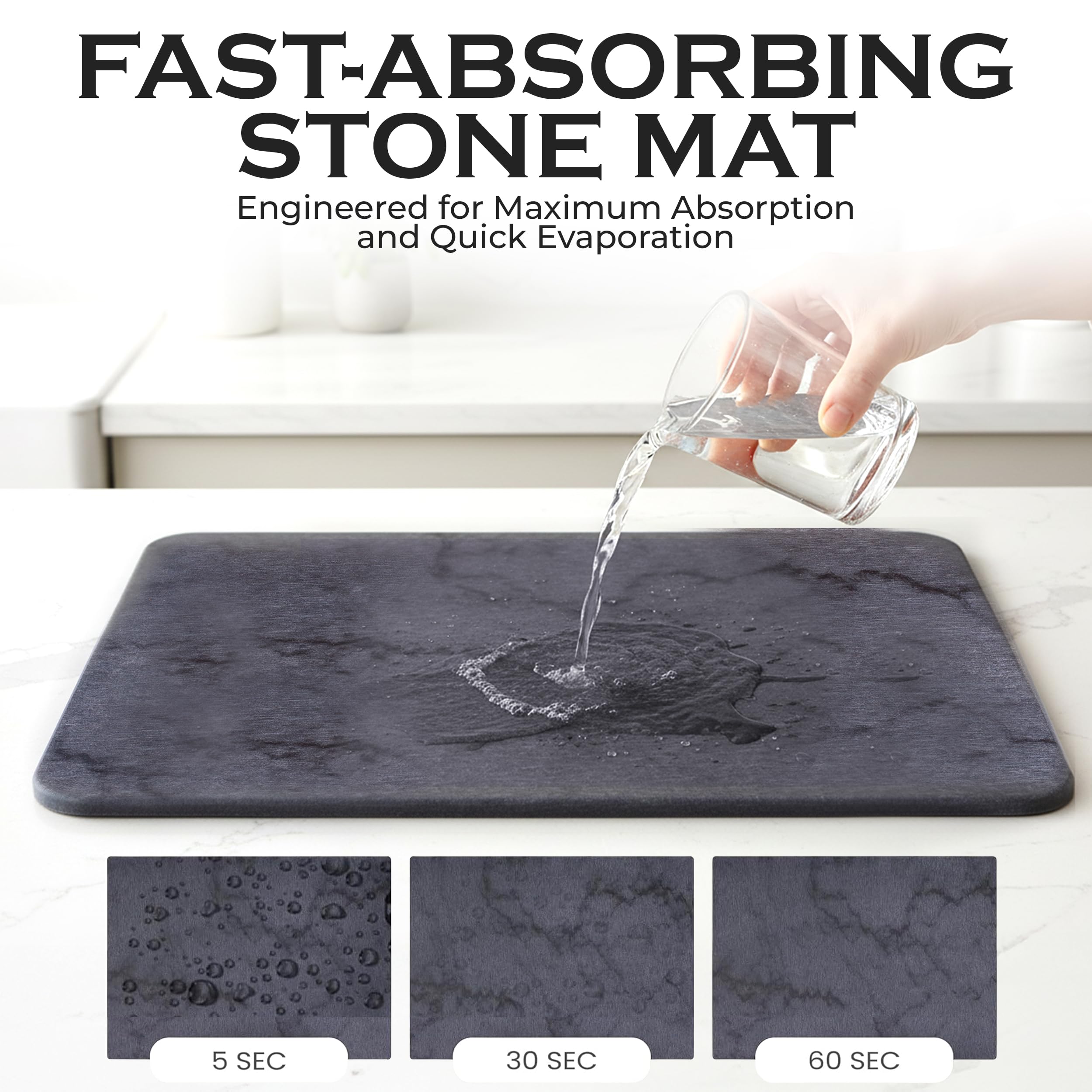 J.B stone drying mat in dark gray marble finish elevates kitchen aesthetics