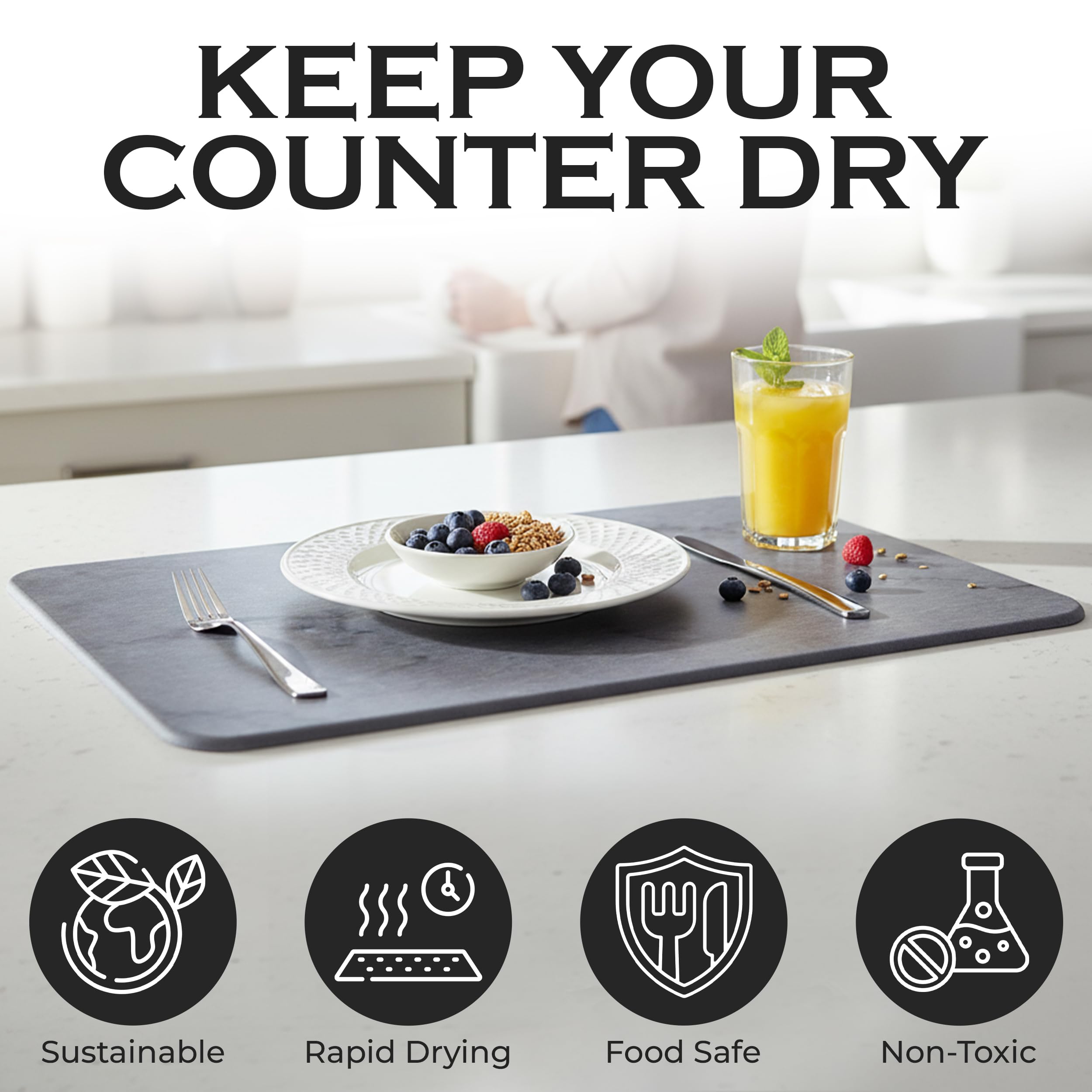 J.B drying mat with four non-slip pads stays put during use