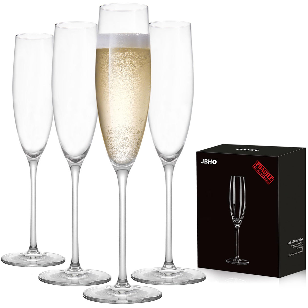 JBHO hand-blown champagne flutes emphasize elegant bubbles and aroma