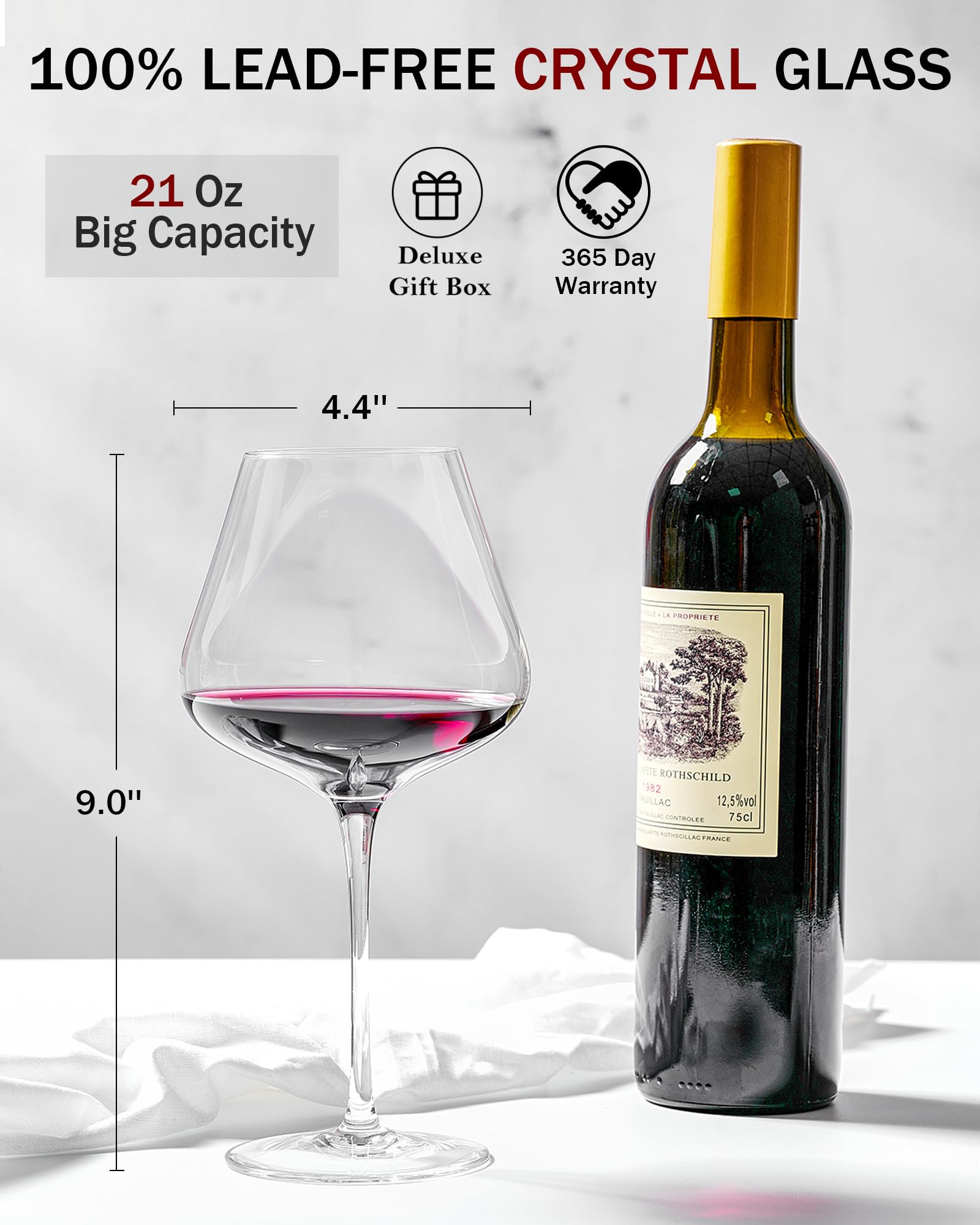 JBHO Burgundy wine glass catching light to emphasize color depth
