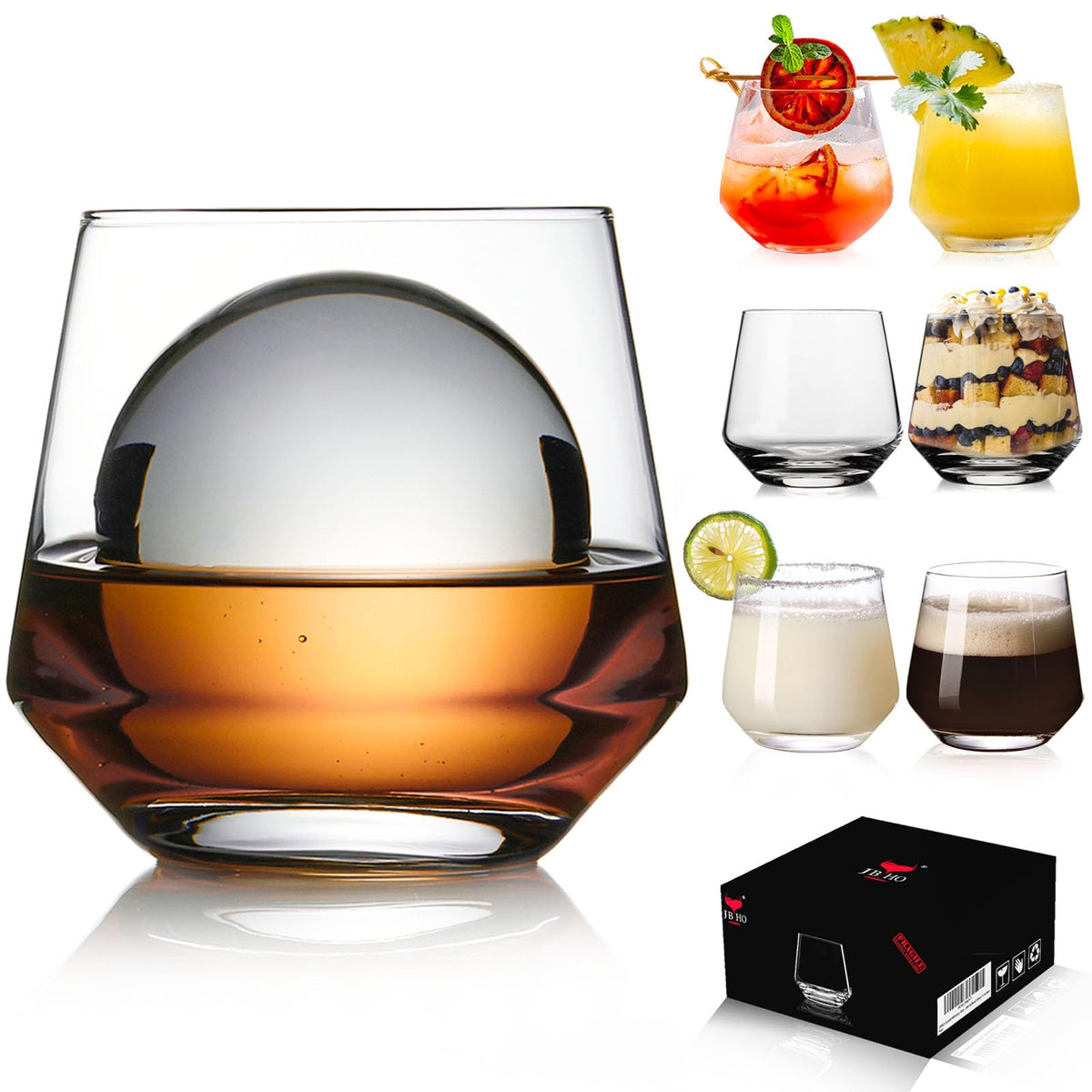 JBHO whiskey glasses set 6-12oz clear, ideal for showcasing drink color.