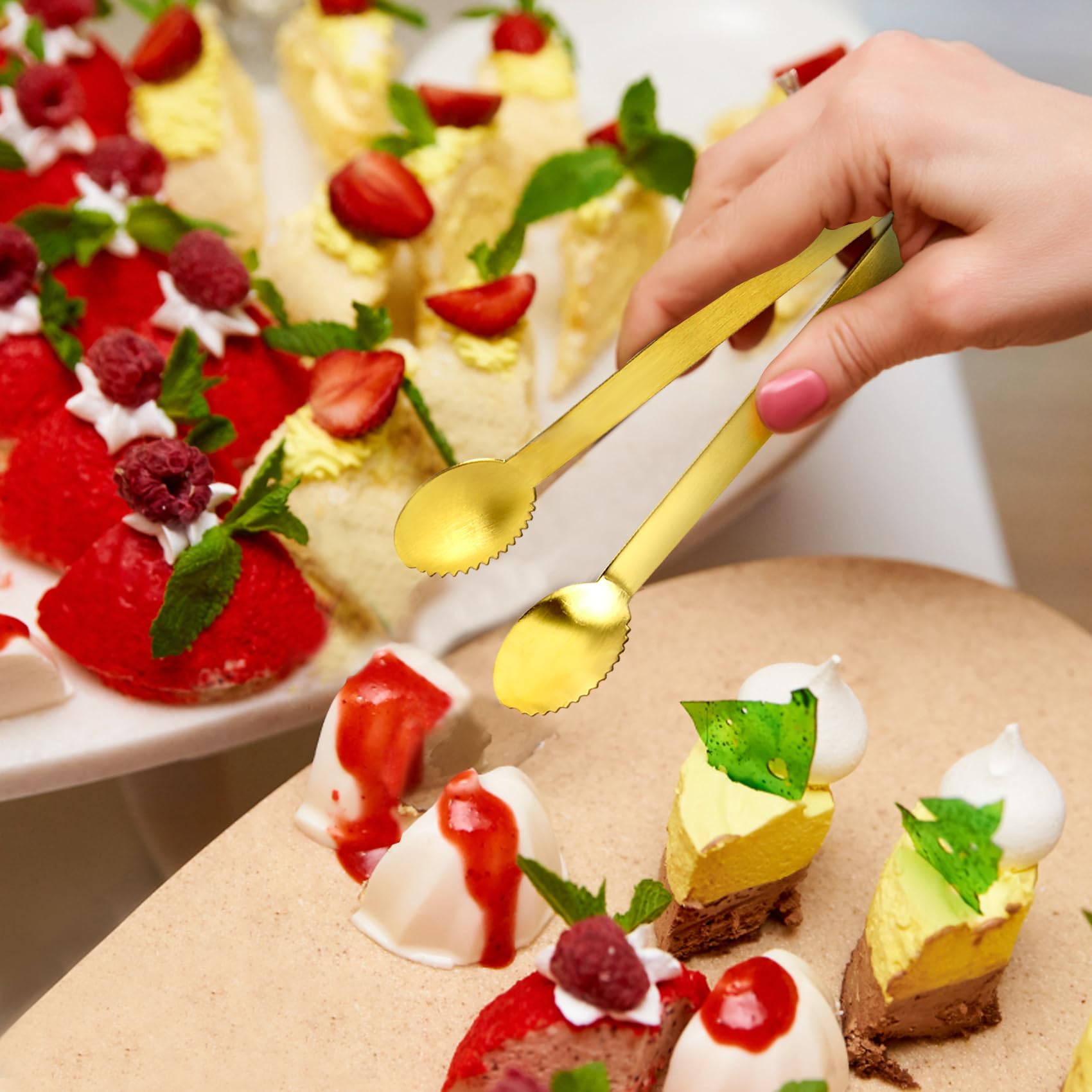 Dishwasher-safe JCREN gold tongs for easy cleanup after events.
