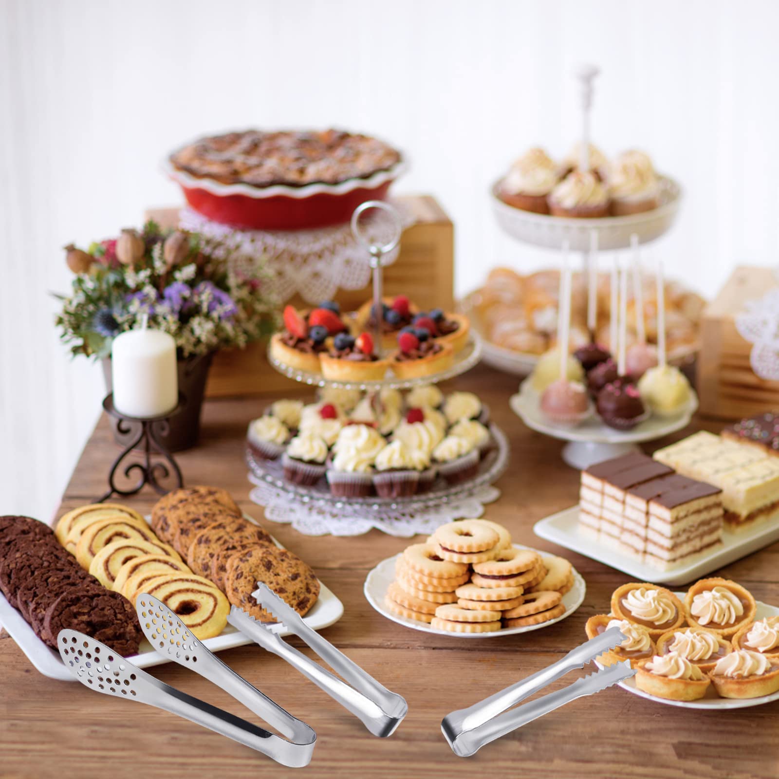 JCREN 5-inch tongs with serrated edges grip cheese and veggies.