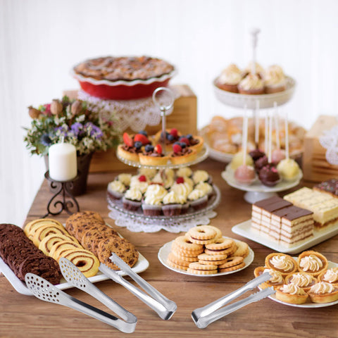 JCREN 5-inch tongs with serrated edges grip cheese and veggies.