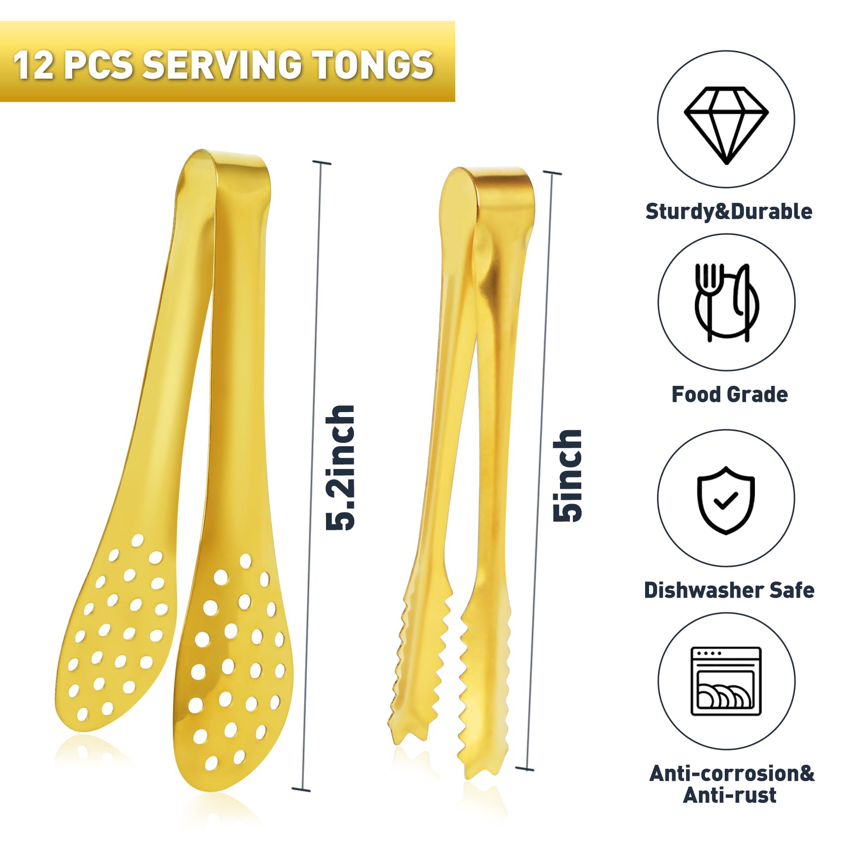 JCREN 5-inch mini tongs in gold-tone for precise portioning.