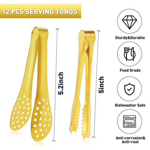 JCREN 5-inch mini tongs in gold-tone for precise portioning.