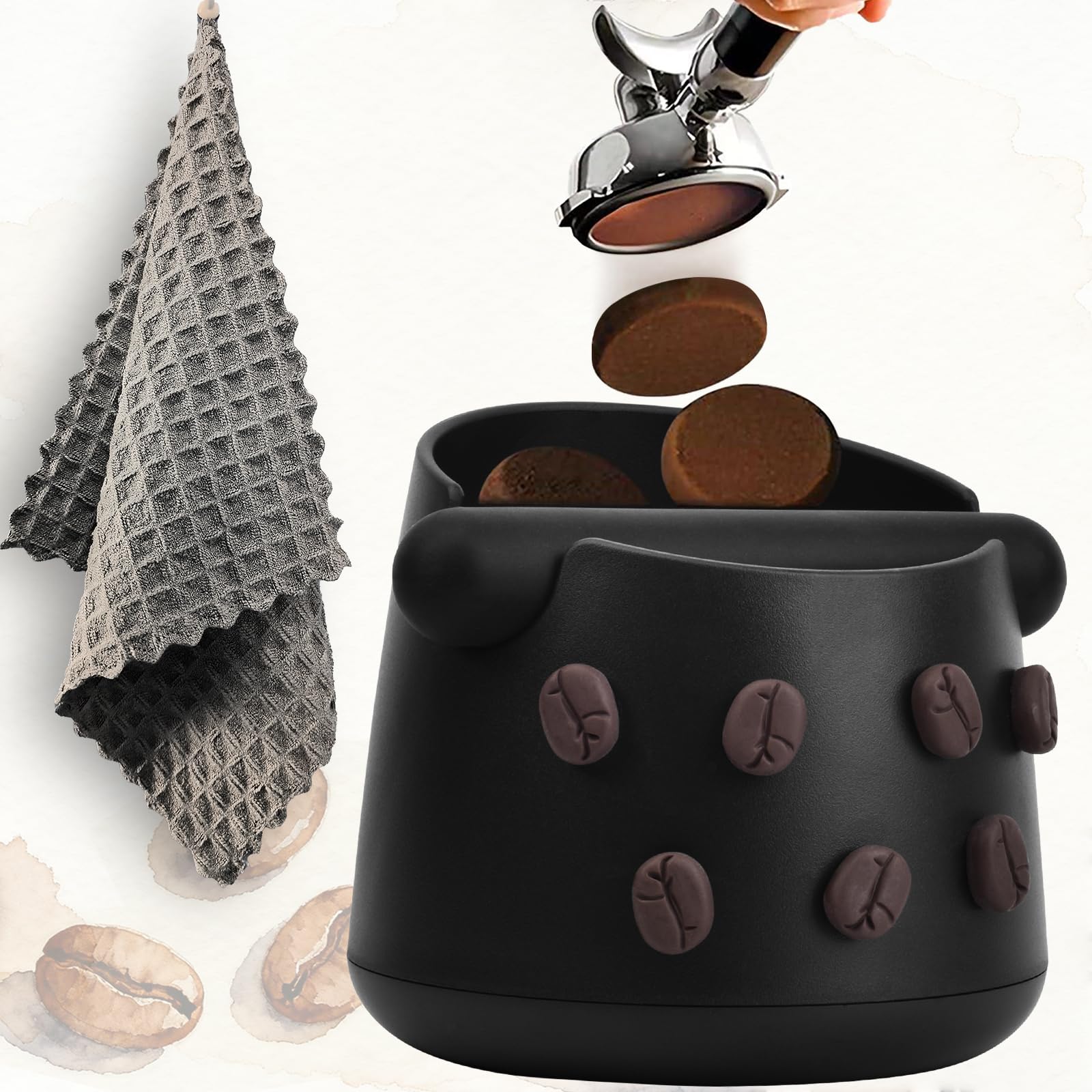 JDHAVMOS coffee knock box front view with bean motif for neat espresso pucks
