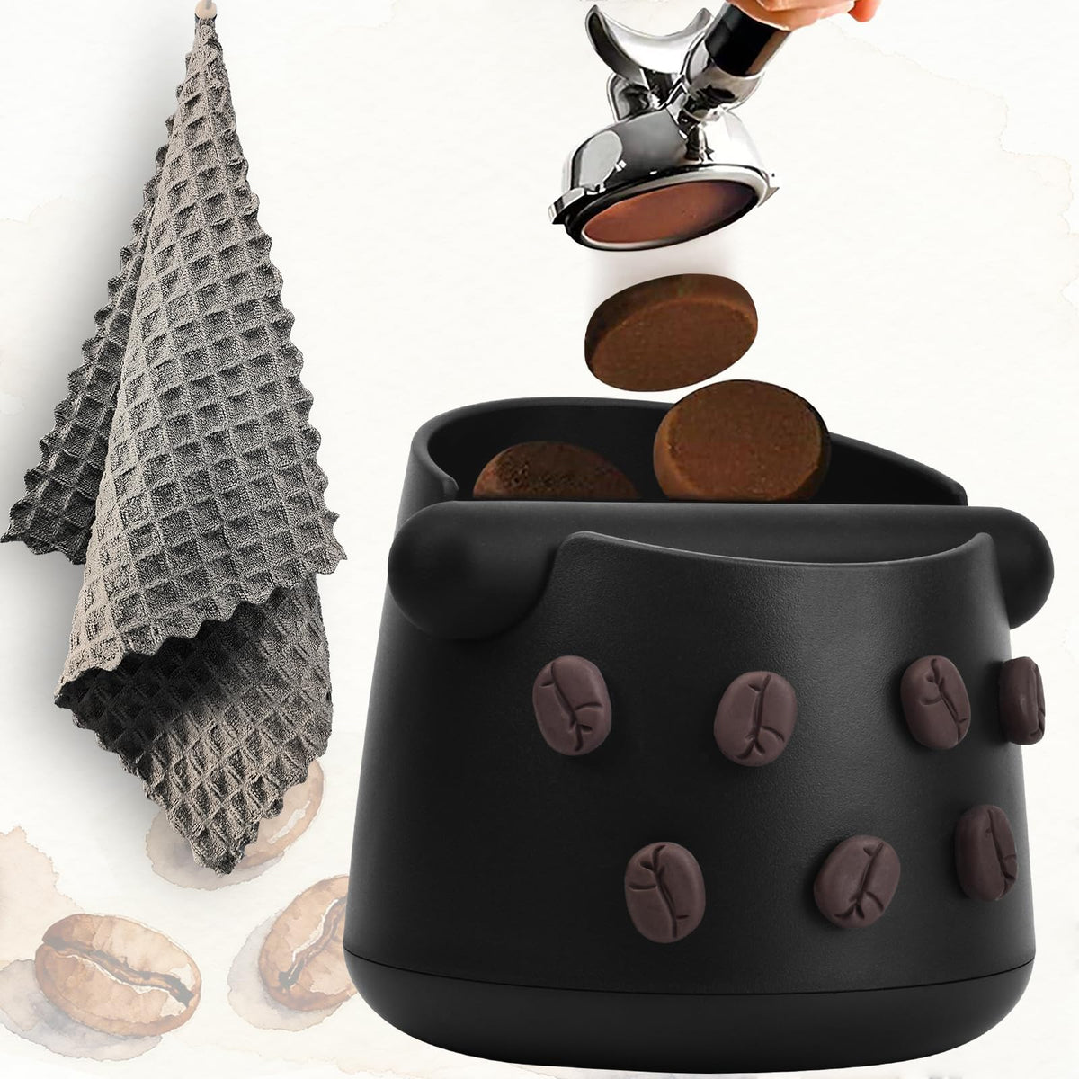 JDHAVMOS coffee knock box front view with bean motif for neat espresso pucks