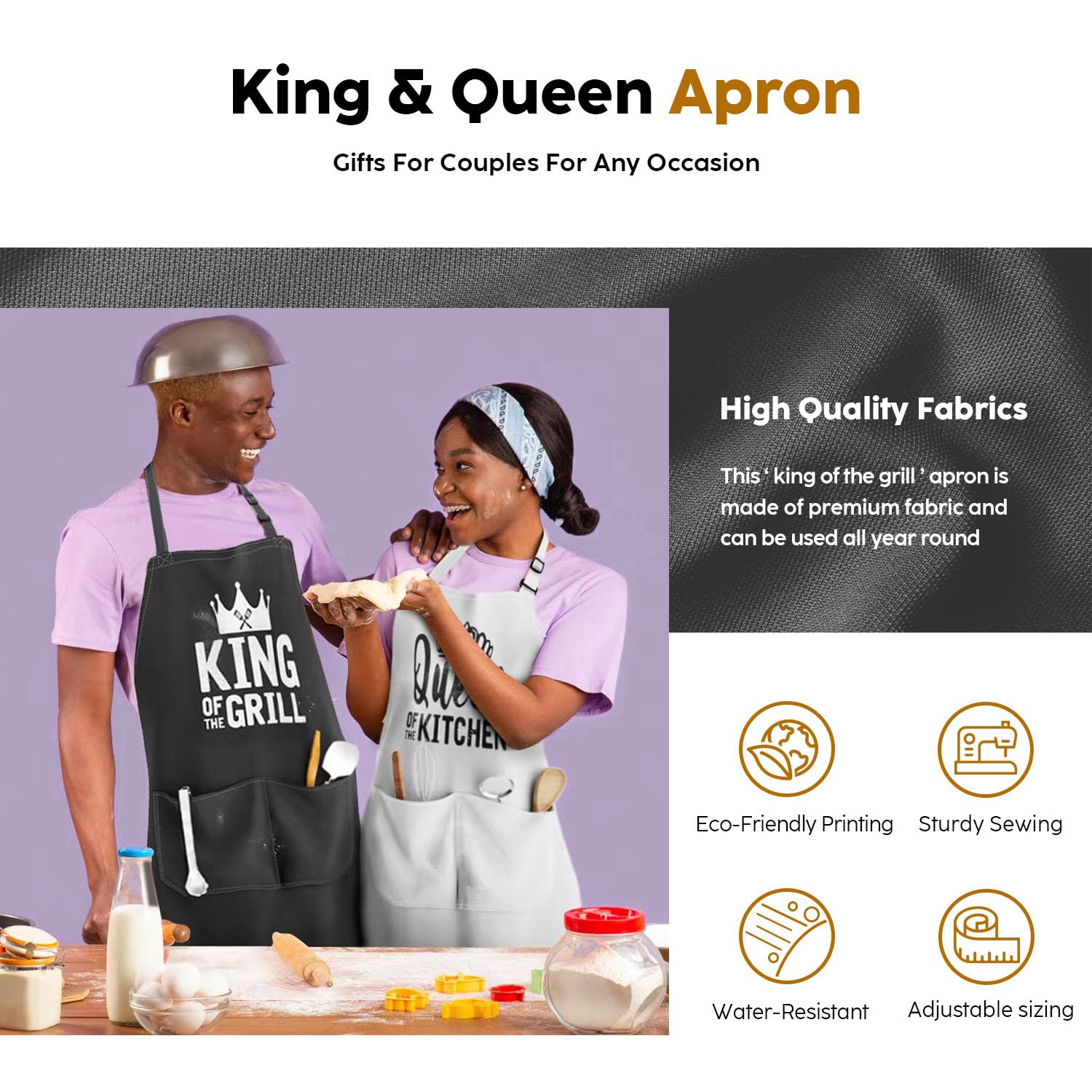 JDNFYGX King & Queen aprons worn by a couple cooking together in the kitchen.