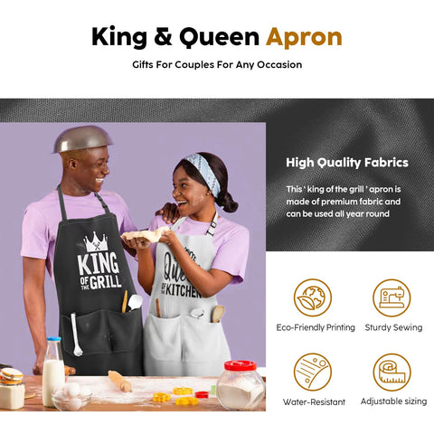 JDNFYGX King & Queen aprons worn by a couple cooking together in the kitchen.