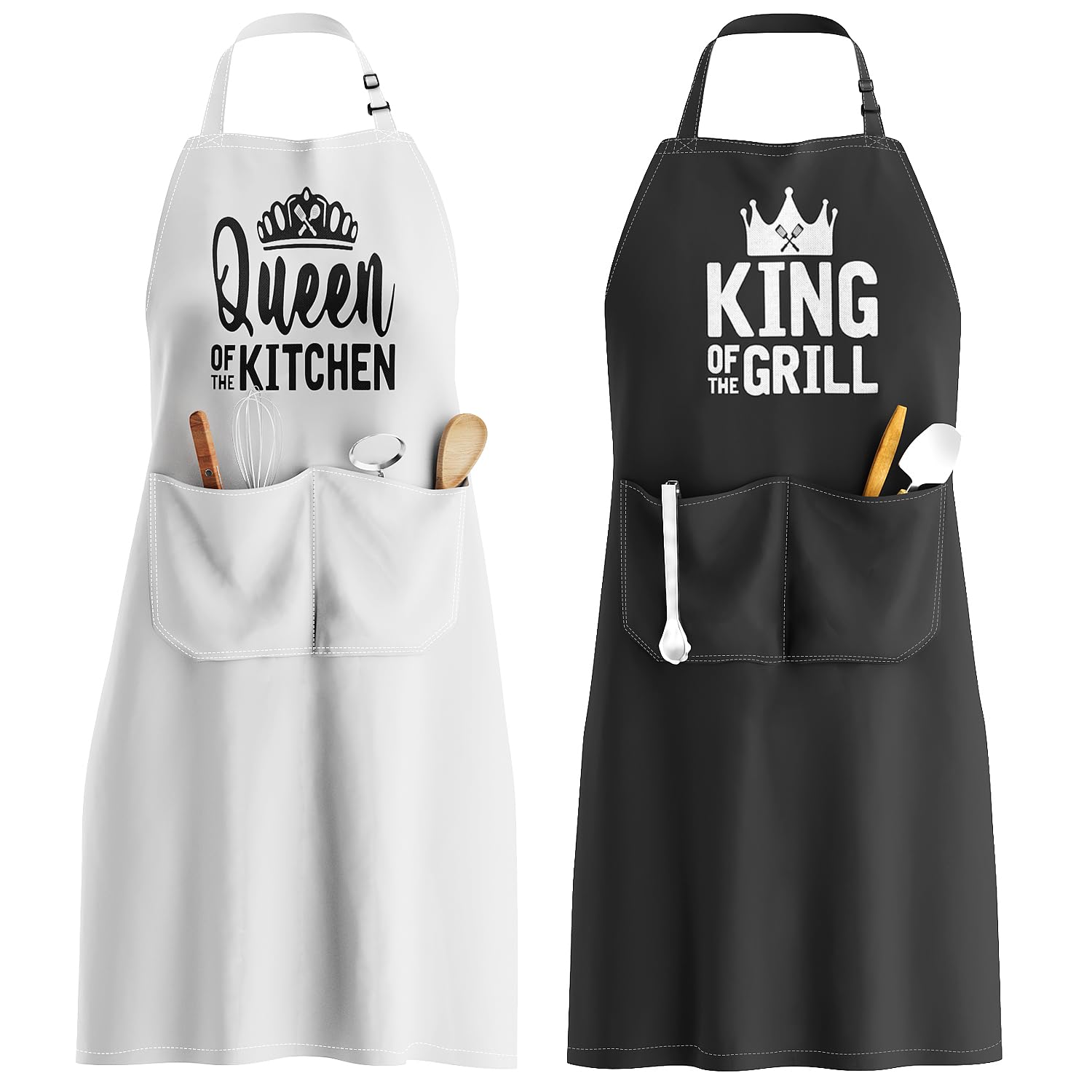 JDNFYGX King & Queen aprons set packaged as a ready-to-gift couple's present.