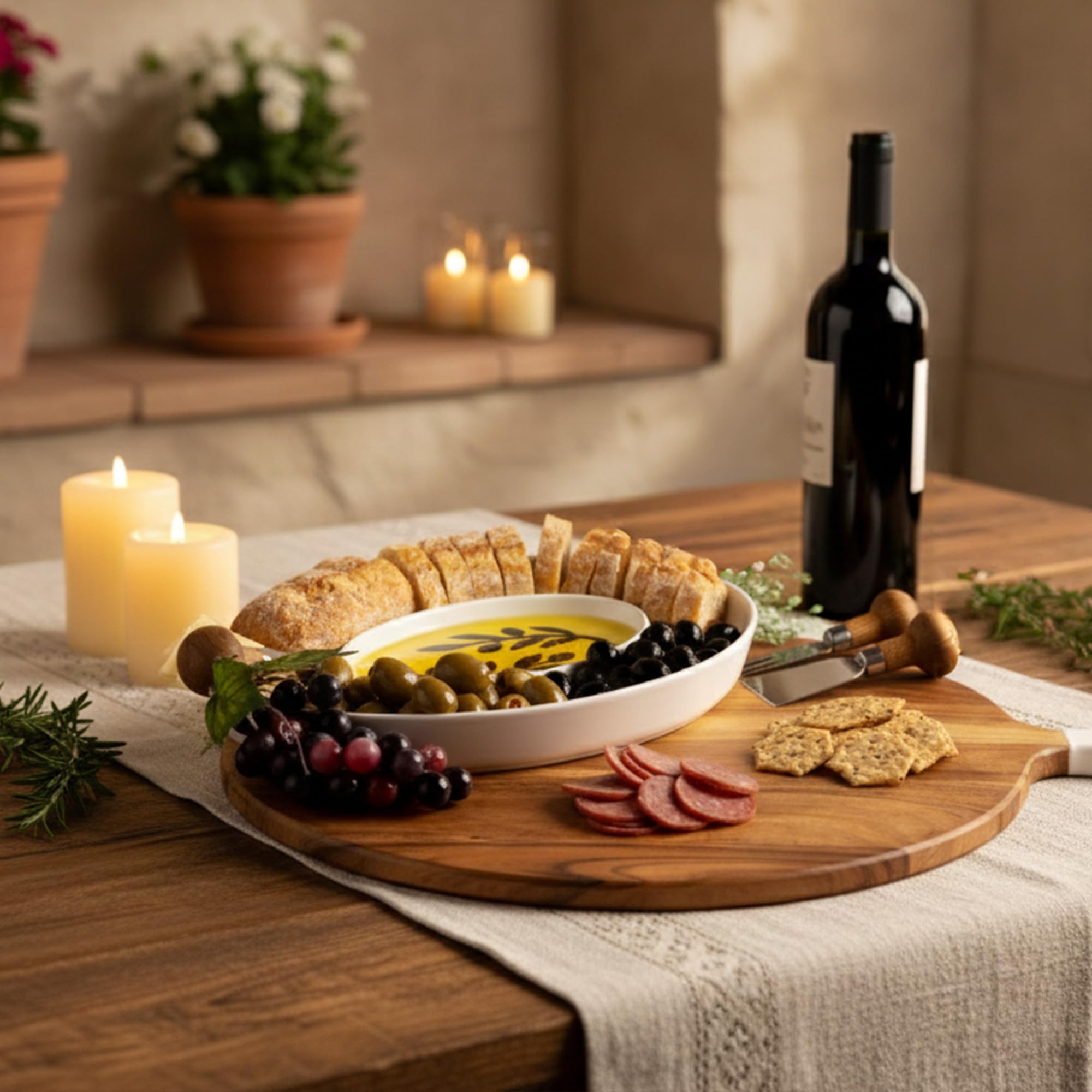 Jeanne Fitz olive branch motif enhances Mediterranean-inspired presentation.