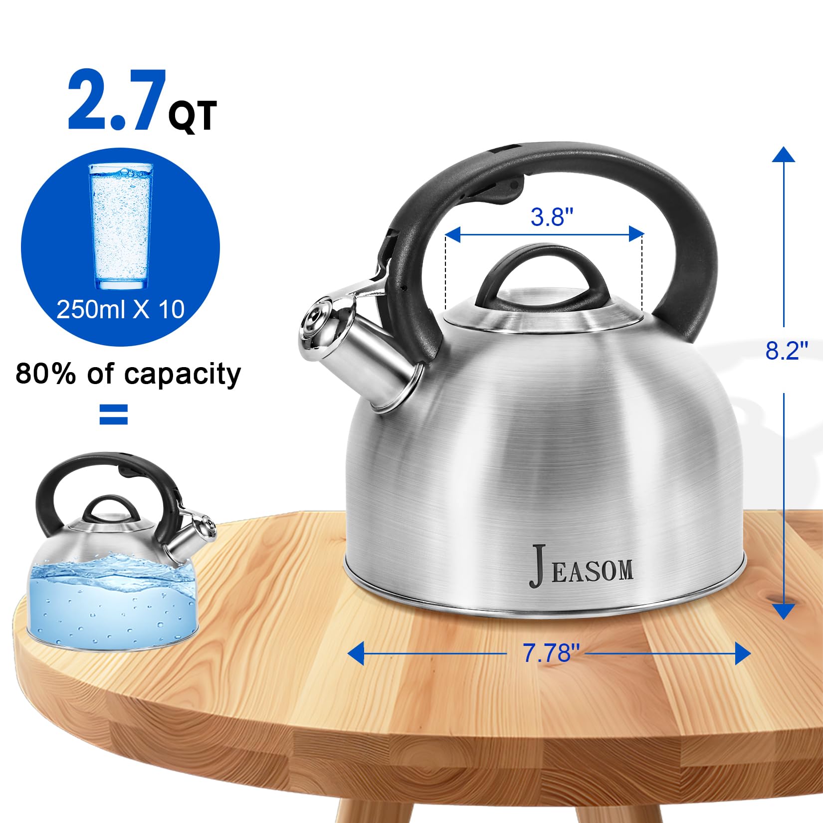 JEASOM kettle emits a loud whistle when the water boils for quick awareness.