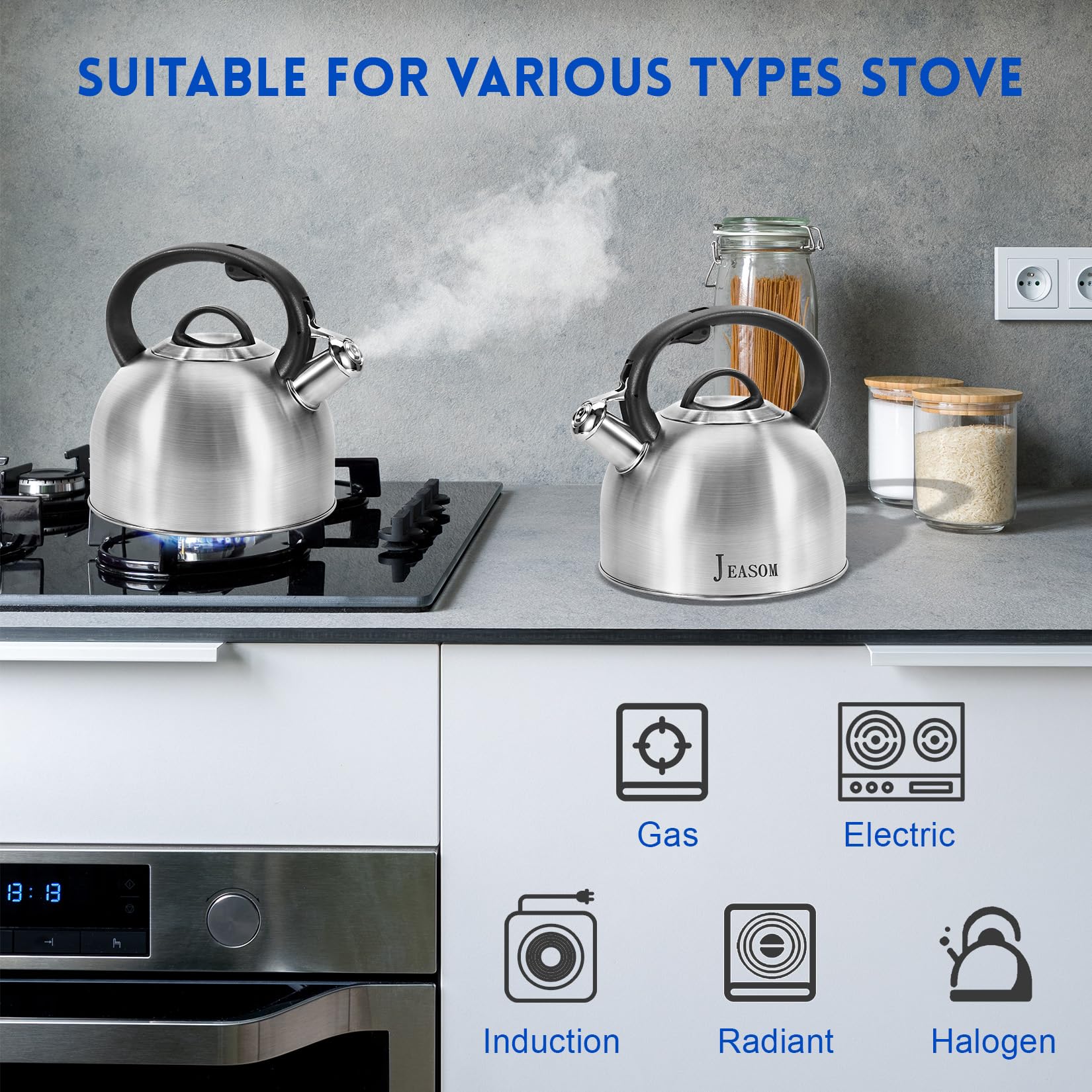 JEASOM compatible with gas, induction, and electric stoves for versatile heating.