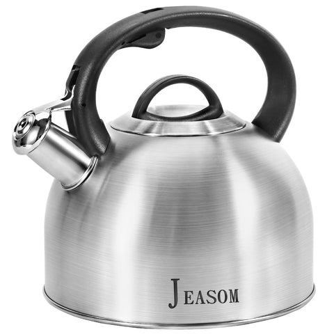 JEASOM tea kettle with ergonomic handle for safe, easy pouring on any stovetop.