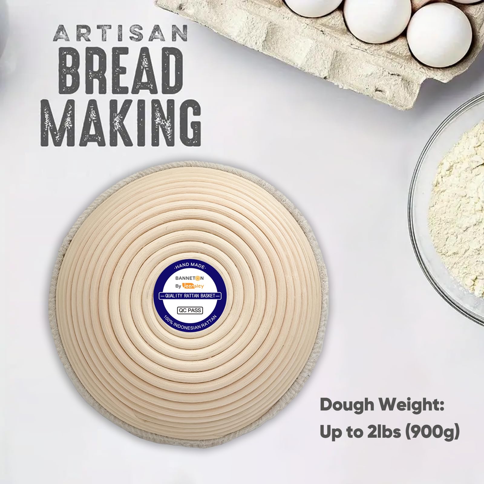 Jeensley open-weave basket promotes airflow for even proofing.