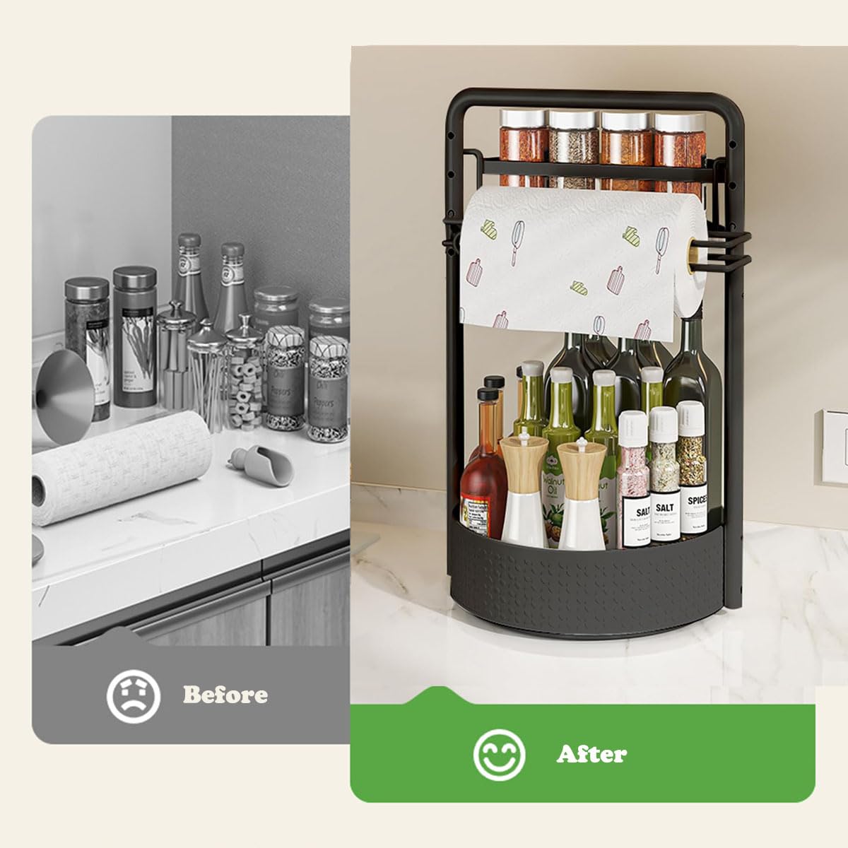 JEESA Lazy Susan on kitchen countertop keeps condiments within reach