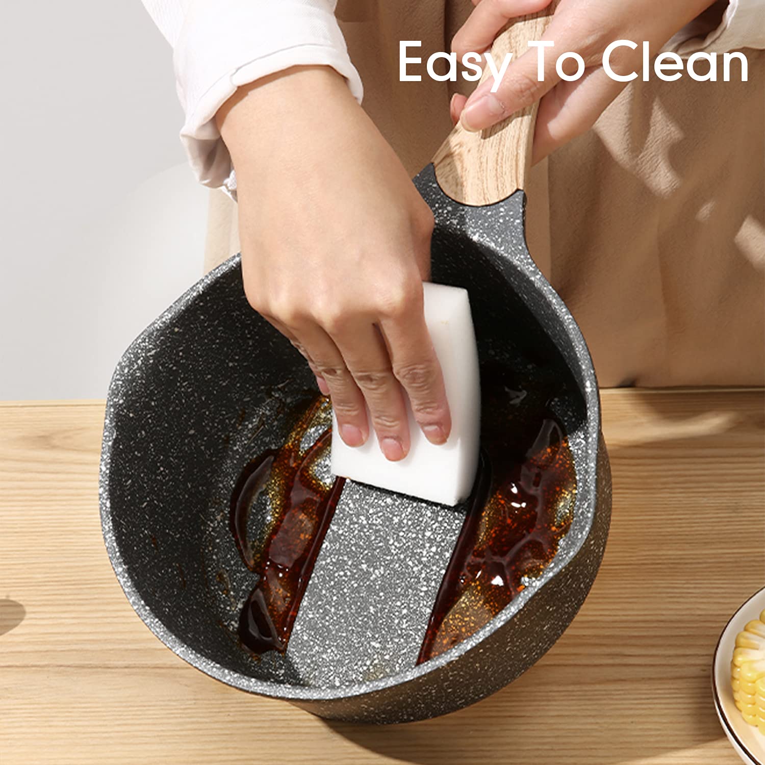 JEETEE 1.5 QT sauce pan with lid on, convenient all-in-one cookware